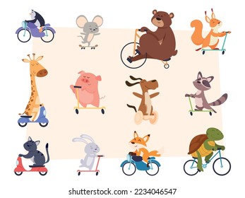 Animals riding. Characters in action poses sitting and riding scooter bikes and cars exact vector illustrations