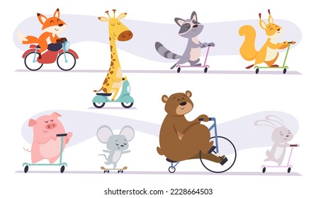 Animals riding. Cute funny wild characters riding bikes cars and scooter exact vector cartoon templates