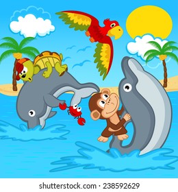 animals riding on dolphins - vector illustration, eps