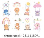 Animals riding on swings. Cartoon animal on swing, lion hamster dolphin tiger sloth koala. Funny childish wild characters, nowaday vector set