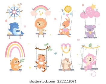 Animales montados en columpios. Animales de dibujos animados en columpio, león hámster delfín tigre perezoso koala. Divertidos personajes infantiles salvajes, hoy en día conjunto de Vector