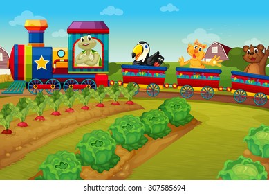 Animales en tren por ilustración de la granja