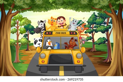 Animals riding on a zoo bus