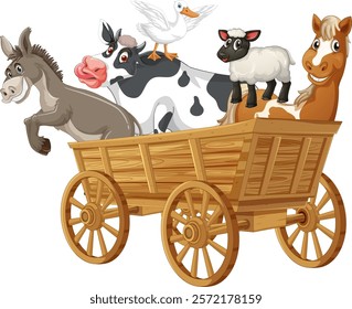 Animals riding together on a wooden cart