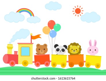 Animals riding a train cute children illustration