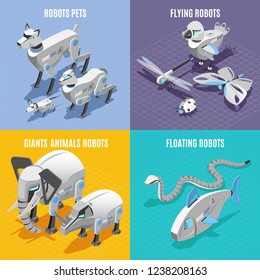 Animals robots concept 4 colorful background isometric icons square with automated pets insects fish snake vector illustration