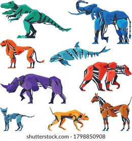 Animals Robots Set, Dinosaur, Elephant, Dolphin, Bear, Horse, Dog, Lion Artificial Intelligence Robotic Creatures Vector Illustration