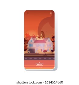 animals running from forest fires in australia wildfire burning houses natural disaster concept intense orange flames smartphone screen mobile app vector illustration