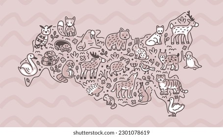 Animals of Russia on map. Doodle style illustration. Outline sketch.