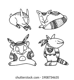 animals from the Russian folk tale Kolobok, hare, fox, wolf, bear, with boho patterns, vector illustration with black ink contour lines isolated on white background in doodle and hand drawn style