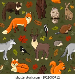 animals of the russian forest seamless pattern