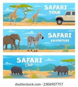 Animals safari hunting with Africa landscape vector background. Cartoon car of savannah adventure tour, forest trees, elephant, rhino and hippo, giraffes and zebra animals. African safari travel tour