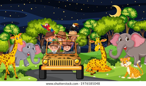 Animals in Safari scene with children in the\
tourist car\
illustration