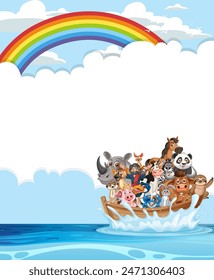 Animals sailing under a rainbow in the ocean