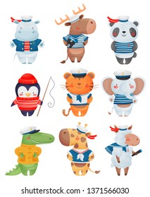 Animals sailors characters in cartoon style. Set of cute funny little sailors vector illustration.