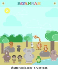 Animals Savannah. A variety of plush animals in the savanna, a boy and a girl. cartoon Vector