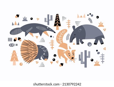 Animals in scandinavian style. Decorative elements. Set of America plants. Poster for print. Isolated icons vector illustration.