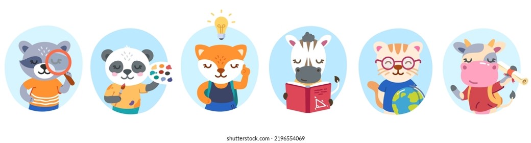 Animals school children cartoon characters set. Funny fox, panda, cow, cat schoolboys, schoolgirls kids elementary students with books, backpacks. Education, childhood concept flat vector illustration