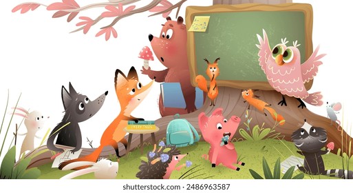 Animals school under big oak tree in the forest on grass lawn. Kids education in woods with forest animals for children. Vector hand drawn colorful graphic illustration for kids.