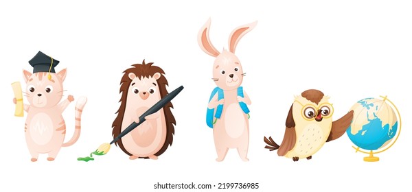 Animals schoolchildren, cat, hedgehog, hare and owl. Set of cute isolated cartoon illustrations.