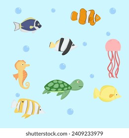 Animals sea set, set of animal sea elements, animals sea collection 