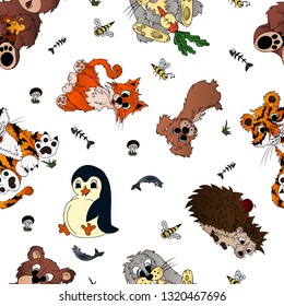 Animals, seamless pattern with cartoon animals: cat, dog, hare, hedgehog, bear, penguin, tiger, mushrooms, fish bones, grass, bees. The drawing in the style of hand drawn.  Children drawing 