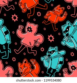 Animals seamless pattern. Cartoon colorful abstract animals in clothes seamless pattern on black background isolated. Stock Vector Illustration. Cartoon style.