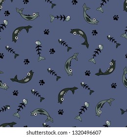 Animals, seamless pattern with cartoon fish and fish bones. The drawing in the style of hand drawn.  Children drawing .Positive character. Vector