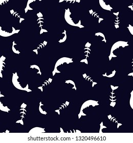 Animals, seamless pattern with cartoon fish and fish bones. The drawing in the style of hand drawn.  Children drawing .Positive character. Vector