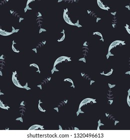 Animals, seamless pattern with cartoon fish and fish bones. The drawing in the style of hand drawn.  Children drawing .Positive character. Vector