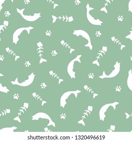 Animals, seamless pattern with cartoon fish and fish bones. The drawing in the style of hand drawn.  Children drawing .Positive character. Vector