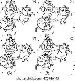 Animals Seamless pattern with cartoon pigs. Hand drawn backgrounds with cut boar