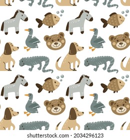 Animals seamless pattern. Cute dogs, horse, iguana, fish and goose