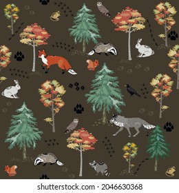 
Animals seamless pattern in the forest. Vector illustration.