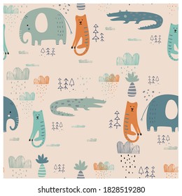 Animals seamless pattern. hand drawn vector illustration.