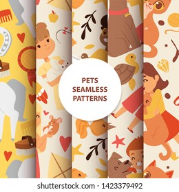 Animals seamless pattern with kids characters and little pets vector illustration. Domestic life kid background nature drawing texture. Funny love children animal fabric wallpaper.