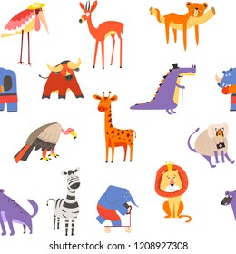 Patrón de animales sin fisuras, león y cebra, macaco y elefante