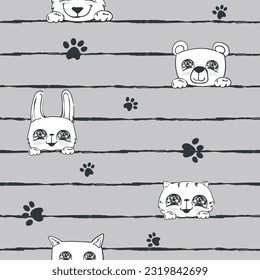 Animals seamless pattern on linear background. Endless lines print. Cartoon animals with anime eyes. Cat, dog, bear and rabbit cover ornament. Cute cartoon character.