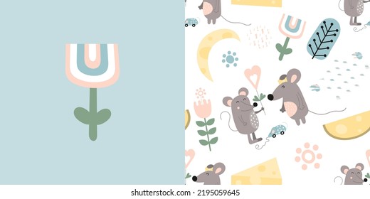 Animals seamless pattern and print with funny mouse and cheese. Greeting card and wrapping paper set. T-shirt print and kids fabric design. Vector illustration
