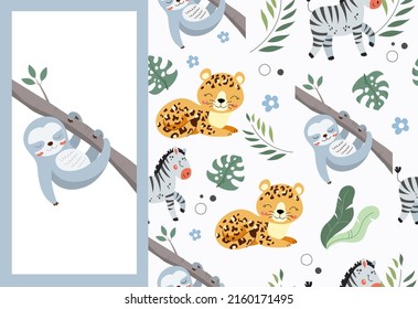 Animals seamless pattern. Repeating image for printing on childrens bed linen. Koala and leopard, wildlife, exotic and tropical fauna. Cute jungle characters. Cartoon flat vector illustration