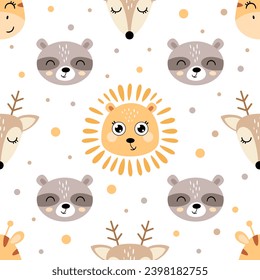 Animals seamless pattern set. Cute animal faces digital paper. Woodland animal heads pattern in cartoon flat style.