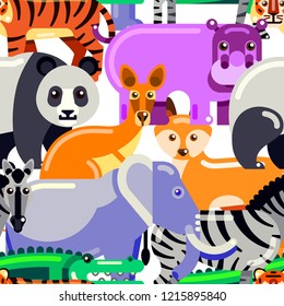 Animals seamless pattern. Vector flat illustration of zoo. Colorful cartoon background.