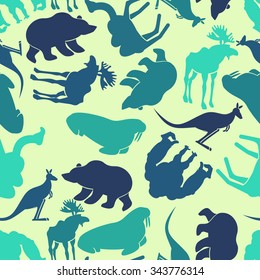 Animals seamless pattern. Zoo background. Wild animals texture. Coloured beasts ornament for baby tissue.
