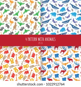 Animals seamless patterns. Vector silhouette animals of America, Arctica, Africa and Australia