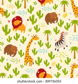 Animals seamless vector background. Giraffe, zebra, wombat and cactus, palm. Children, print, funny