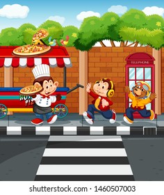 Animals Selling Pizza In Park Illustration