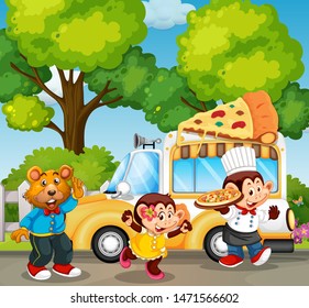 Animals serving pizza in park illustration