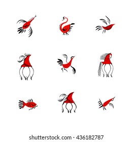 Animals set. Abstract animals vector set on a white background isolation. Graphic elements Mezen painting, Russian folk art. Ancient Art.