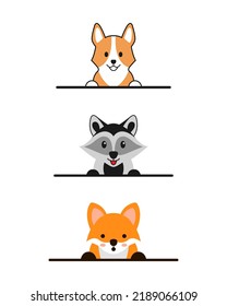 Animals Set. Adorable Corgi. Wild Racoon. Orange Fox. Cute Vector Illustration. Isolated On White Background