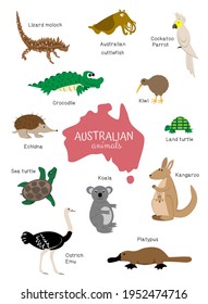 Animals set Australia on white background. Kangaroo, koala, crocodile, platypus, ostrich, echidna, moloch, kiwi, turtle